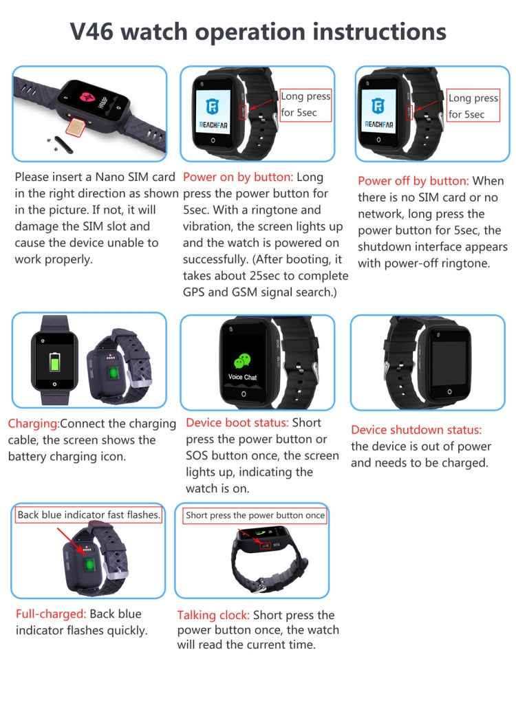 สายนาฬิกา REACHFAR RF-V46-A GPS Smart Tracker รองรับ SOS / กล้อง / การจัดการสุขภาพ / 4G LTE / ความดันโลหิต / อัตราการเต้นของหัวใจ สำหรับเอเชีย/ยุโรป/แอฟริกา, RF-V46-A