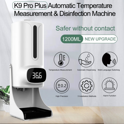 K9 Pro Plus เครื่องวัดอุณหภูมิร่างกายแบบไม่สัมผัสแบบแฮนด์ฟรี + เครื่องจ่ายสบู่เหลวอัตโนมัติแบบไม่สัมผัส 1,000 มล. พร้อมฐานยึด, ออกอากาศเสียง 15 ภาษา, K9 Pro Plus