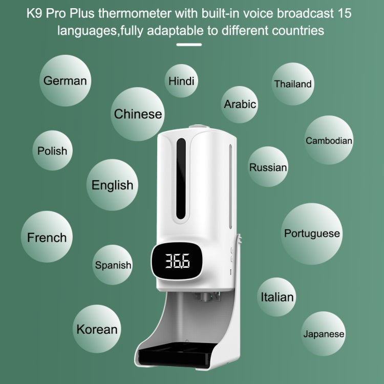 K9 Pro Plus เครื่องวัดอุณหภูมิร่างกายแบบไม่สัมผัสแบบแฮนด์ฟรี + เครื่องจ่ายสบู่เหลวอัตโนมัติแบบไม่สัมผัส 1,000 มล. พร้อมฐานยึด, ออกอากาศเสียง 15 ภาษา, K9 Pro Plus