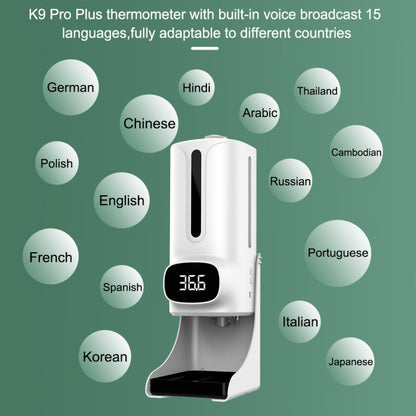 K9 Pro Plus เครื่องวัดอุณหภูมิร่างกายแบบไม่สัมผัสแบบแฮนด์ฟรี + เครื่องจ่ายสบู่เหลวอัตโนมัติแบบไม่สัมผัส 1,000 มล. พร้อมฐานยึด, ออกอากาศเสียง 15 ภาษา, K9 Pro Plus