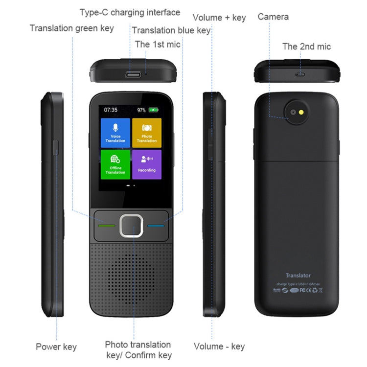 T10 Portable WIFI Smart Voice Translator Smart Business Travel Real Time AI Translator เครื่องแปลภาษา, T10 Black