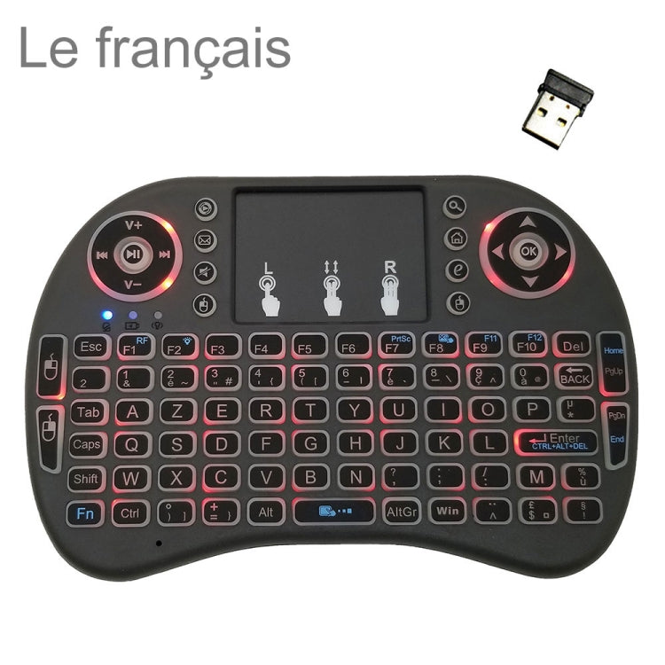 ภาษาที่รองรับ: French i8 Air Mouse คีย์บอร์ดแบ็คไลท์ไร้สายพร้อมทัชแพดสำหรับ Android TV Box & Smart TV & PC Tablet & Xbox360 & PS3 & HTPC/IPTV, French
