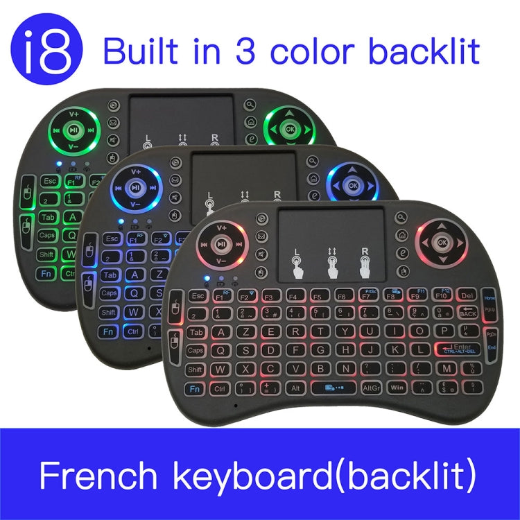 ภาษาที่รองรับ: French i8 Air Mouse คีย์บอร์ดแบ็คไลท์ไร้สายพร้อมทัชแพดสำหรับ Android TV Box & Smart TV & PC Tablet & Xbox360 & PS3 & HTPC/IPTV, French