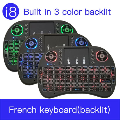 ภาษาที่รองรับ: French i8 Air Mouse คีย์บอร์ดแบ็คไลท์ไร้สายพร้อมทัชแพดสำหรับ Android TV Box & Smart TV & PC Tablet & Xbox360 & PS3 & HTPC/IPTV, French