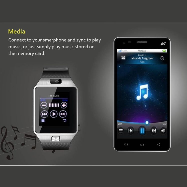 DZ09 หน้าจอ 1.56 นิ้ว Bluetooth 3.0 Android 4.1 OS เหนือโทรศัพท์สมาร์ทวอทช์พร้อมการโทรและเตือนการโทรด้วย Bluetooth & การตรวจสอบการนอนหลับ & Pedometer & การเตือนความจำและปฏิทิน & SMS & เครื่องเล่นเสียงและวิดีโอ