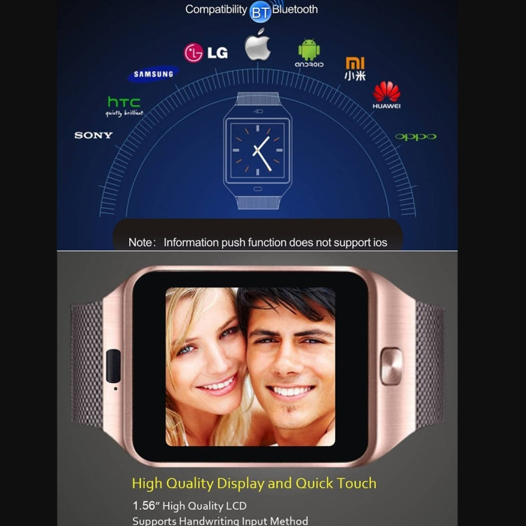 DZ09 หน้าจอ 1.56 นิ้ว Bluetooth 3.0 Android 4.1 OS เหนือโทรศัพท์สมาร์ทวอทช์พร้อมการโทรและเตือนการโทรด้วย Bluetooth & การตรวจสอบการนอนหลับ & Pedometer & การเตือนความจำและปฏิทิน & SMS & เครื่องเล่นเสียงและวิดีโอ