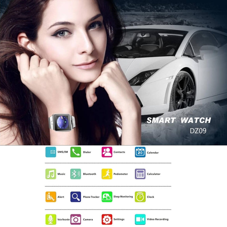 DZ09 หน้าจอ 1.56 นิ้ว Bluetooth 3.0 Android 4.1 OS เหนือโทรศัพท์สมาร์ทวอทช์พร้อมการโทรและเตือนการโทรด้วย Bluetooth & การตรวจสอบการนอนหลับ & Pedometer & การเตือนความจำและปฏิทิน & SMS & เครื่องเล่นเสียงและวิดีโอ