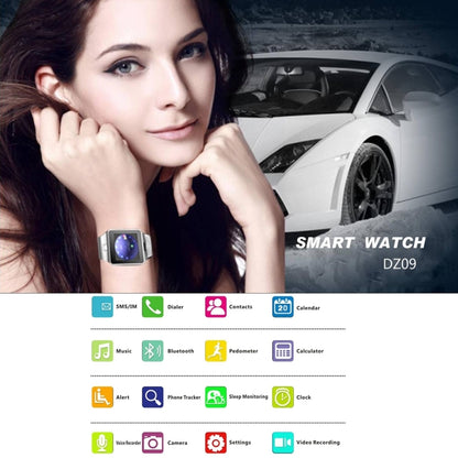 DZ09 หน้าจอ 1.56 นิ้ว Bluetooth 3.0 Android 4.1 OS เหนือโทรศัพท์สมาร์ทวอทช์พร้อมการโทรและเตือนการโทรด้วย Bluetooth & การตรวจสอบการนอนหลับ & Pedometer & การเตือนความจำและปฏิทิน & SMS & เครื่องเล่นเสียงและวิดีโอ