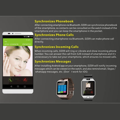 DZ09 หน้าจอ 1.56 นิ้ว Bluetooth 3.0 Android 4.1 OS เหนือโทรศัพท์สมาร์ทวอทช์พร้อมการโทรและเตือนการโทรด้วย Bluetooth & การตรวจสอบการนอนหลับ & Pedometer & การเตือนความจำและปฏิทิน & SMS & เครื่องเล่นเสียงและวิดีโอ