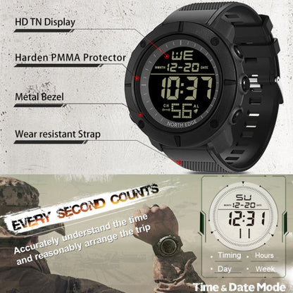 TANK North Edge Men แฟชั่นกองทัพทหารมืออาชีพกีฬากลางแจ้งกันน้ำวิ่งว่ายน้ำสมาร์ทนาฬิกาดิจิตอล, TANK North Edge