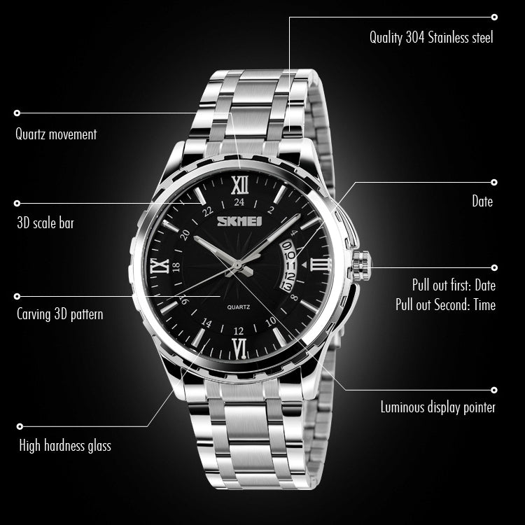 SKMEI 9069 มัลติฟังก์ชั่นแฟชั่นกลางแจ้งธุรกิจกันน้ำ Silver Shell นาฬิกาข้อมือควอทซ์