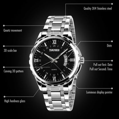 SKMEI 9069 มัลติฟังก์ชั่นแฟชั่นกลางแจ้งธุรกิจกันน้ำ Silver Shell นาฬิกาข้อมือควอทซ์