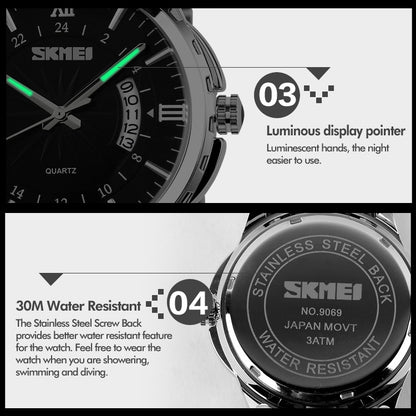 SKMEI 9069 มัลติฟังก์ชั่นแฟชั่นกลางแจ้งธุรกิจช่วงกันน้ำ Gold Shell นาฬิกาข้อมือควอทซ์