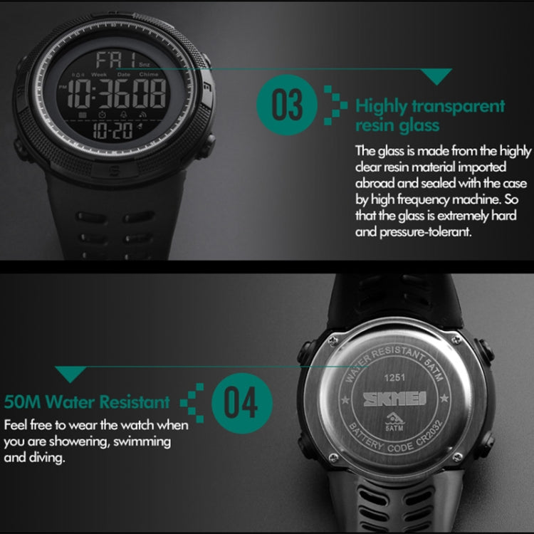 SKMEI 1251 Men Fashionable Outdoor 50m Waterproof Sports Watch Digital Watch with PU Watchband