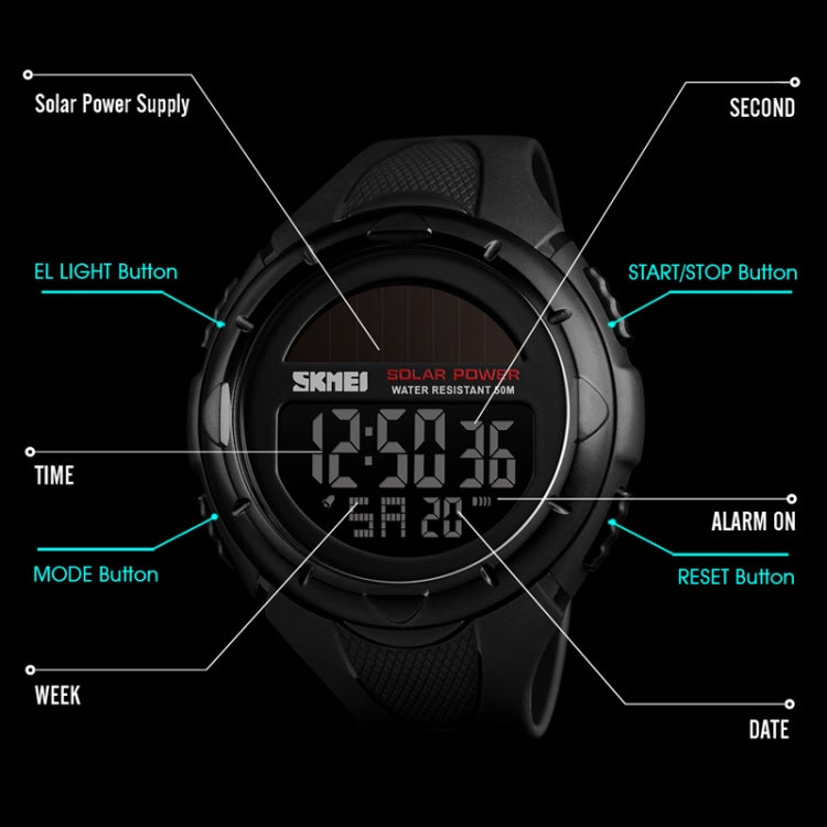 SKMEI 1405 Fashion Solar Power Outdoor Sports Watch มัลติฟังก์ชั่น 50m Waterproof Men Digital Watch