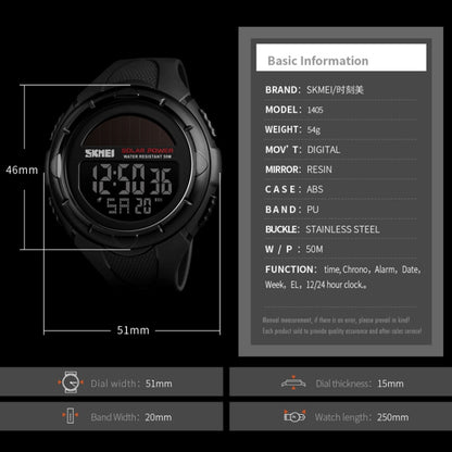 SKMEI 1405 Fashion Solar Power Outdoor Sports Watch มัลติฟังก์ชั่น 50m Waterproof Men Digital Watch