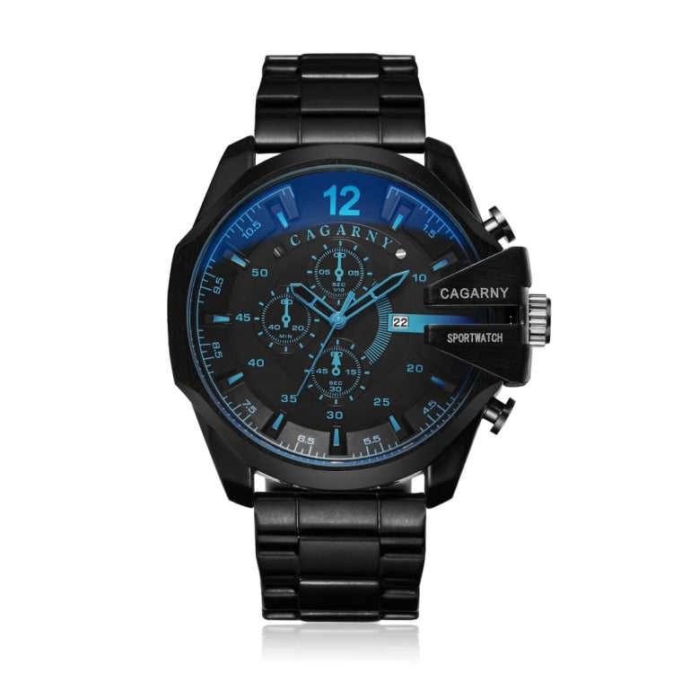 CAGARNY 6839 สายนาฬิกาสเตนเลสสตีลขนาดใหญ่ที่ไม่สม่ำเสมอนาฬิกาสปอร์ตควอตซ์สำหรับผู้ชาย (สีดำ + น้ำเงิน)