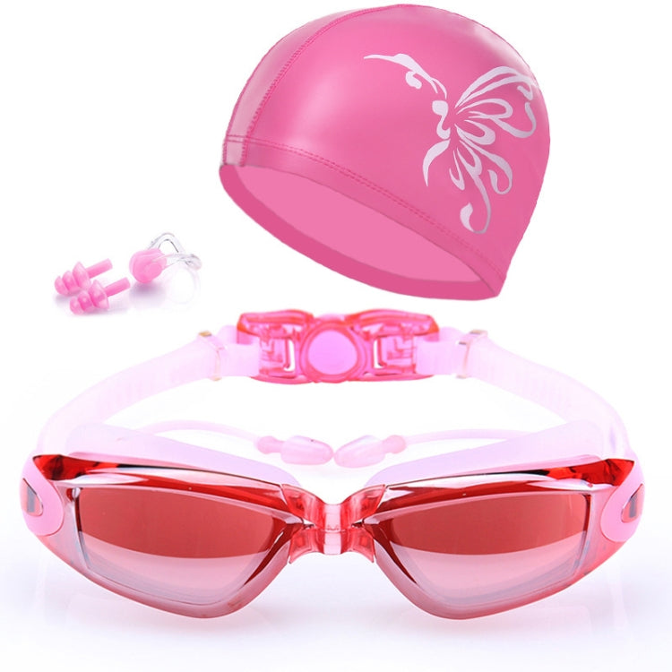 แว่นตาว่ายน้ำกันน้ำความละเอียดสูงพร้อมหมวกว่ายน้ำ, Swimming Goggles with Cap (Black), Swimming Goggles with Cap (Pink), Swimming Goggles with Cap (Blue)