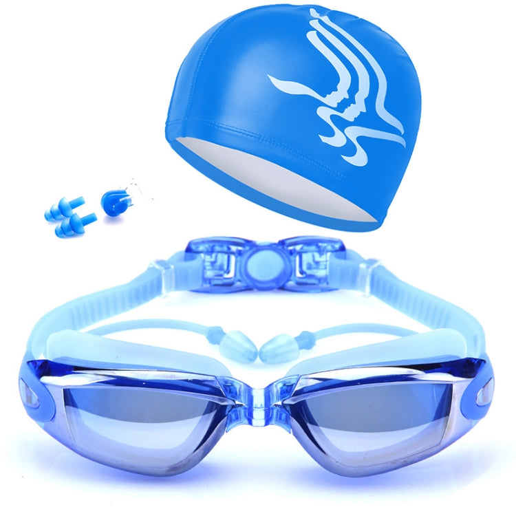 แว่นตาว่ายน้ำกันน้ำความละเอียดสูงพร้อมหมวกว่ายน้ำ, Swimming Goggles with Cap (Black), Swimming Goggles with Cap (Pink), Swimming Goggles with Cap (Blue)