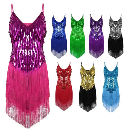 Waterdrop Fringed Sequins Suspenders ชุดเต้นรำละตินชุดแข่งขันประสิทธิภาพ, Free Size