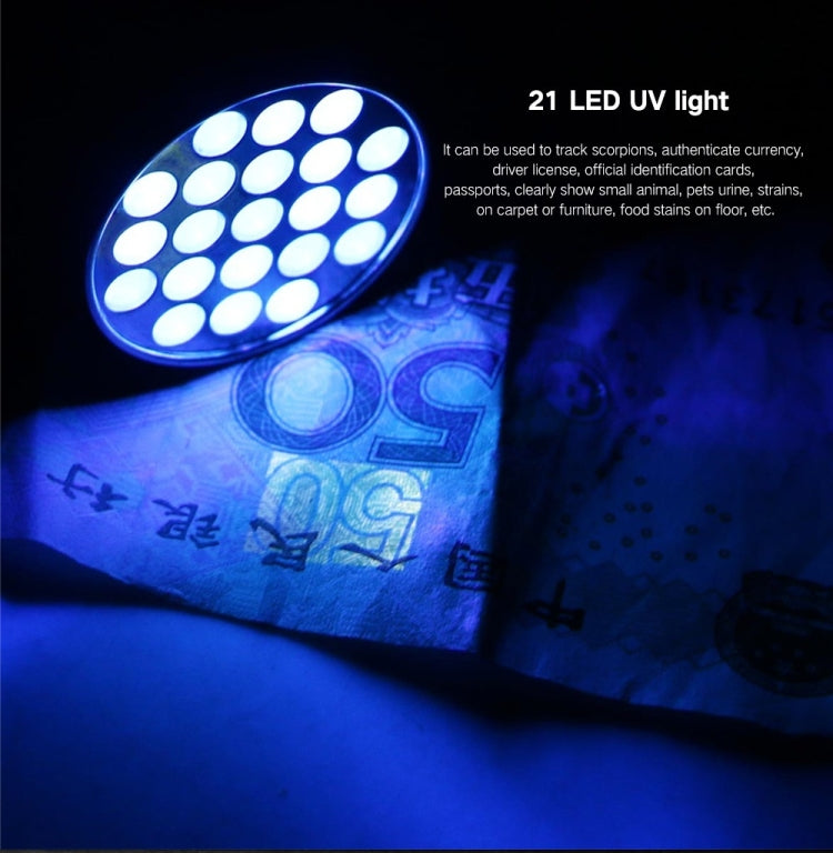 YWXLight UV 21 LEDs 395NM Ultra Violet Torch ไฟฉาย LED ไฟฉายเครื่องตรวจจับสำหรับสุนัขปัสสาวะคราบสัตว์เลี้ยง