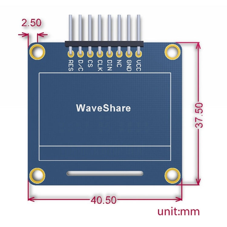 Waveshare 1.3 นิ้ว 128*64 OLED, อินเทอร์เฟซ SPI/I2C, Pinheader แนวตั้งแบบตรง
