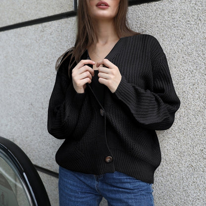 เสื้อคาร์ดิแกนแฟชั่นสีทึบถักปุ่มเสื้อกันหนาว, S, M, L, XL