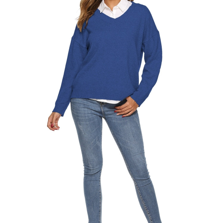 เสื้อสเวตเตอร์คอวีสีทึบเรียบง่าย, M, S, L, XL, XXL