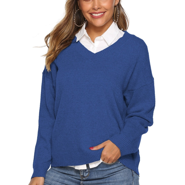 เสื้อสเวตเตอร์คอวีสีทึบเรียบง่าย, M, S, L, XL, XXL