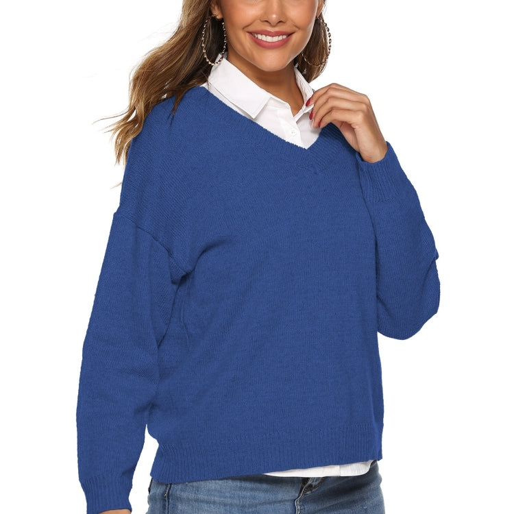 เสื้อสเวตเตอร์คอวีสีทึบเรียบง่าย, M, S, L, XL, XXL