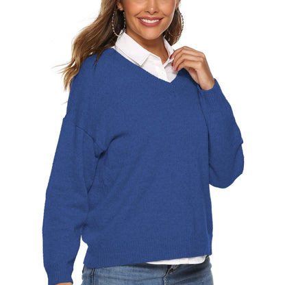 เสื้อสเวตเตอร์คอวีสีทึบเรียบง่าย, M, S, L, XL, XXL