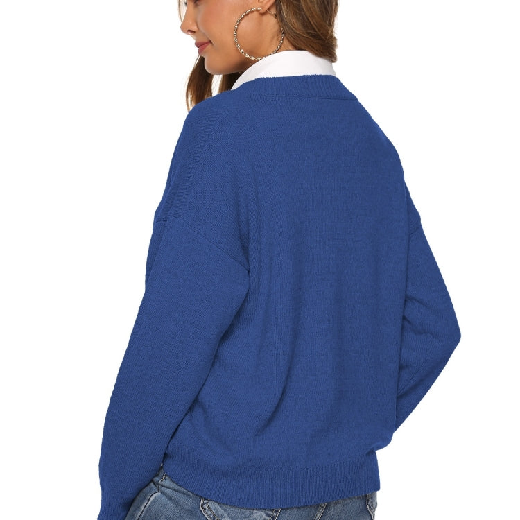 เสื้อสเวตเตอร์คอวีสีทึบเรียบง่าย, M, S, L, XL, XXL