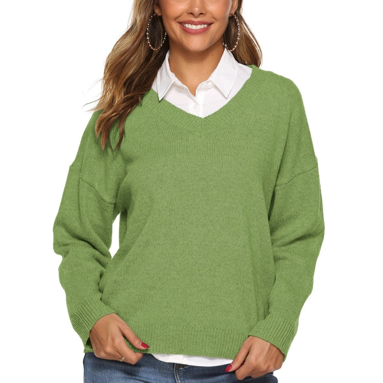 เสื้อสเวตเตอร์คอวีสีทึบเรียบง่าย, M, S, L, XL, XXL