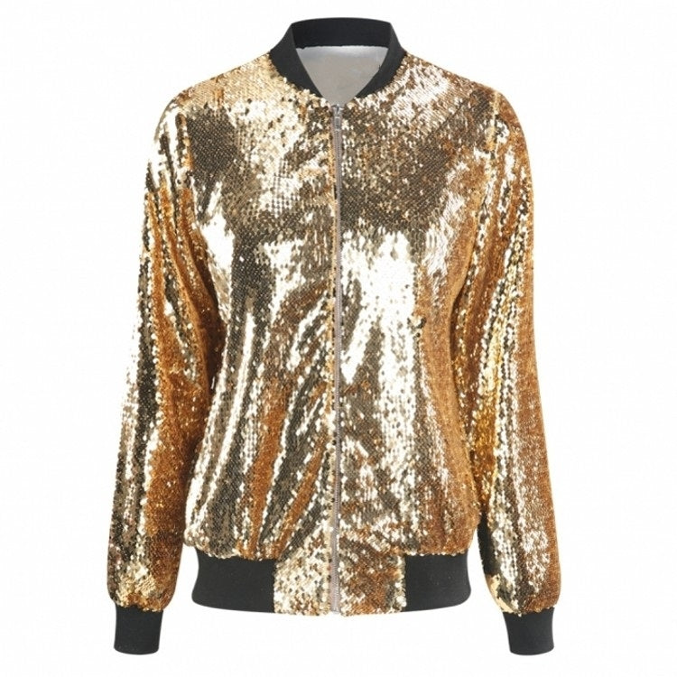 แจ็คเก็ตเบสบอลเลื่อมหลวมผู้หญิง (สี:สีเงิน ไซส์:XXXL), S, M, L, XL, XXL, 3XL