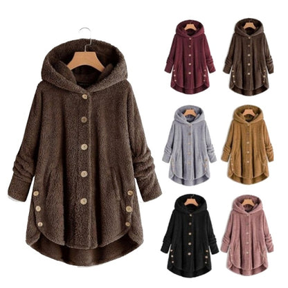 Button Plush เสื้อโค้ทสีทึบไม่สม่ำเสมอ (สี:ฟ้า ขนาด:XXXXXL)