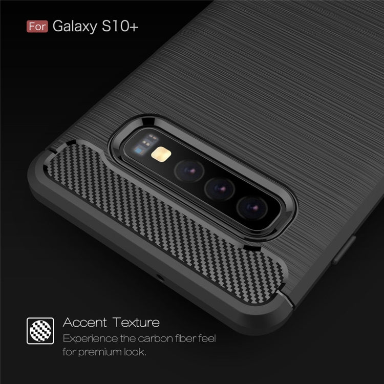 เคส TPU คาร์บอนไฟเบอร์พื้นผิวแปรงสำหรับ Galaxy S10 +, For Galaxy S10+ (Black), For Samsung Galaxy S10+, Galaxy S10+