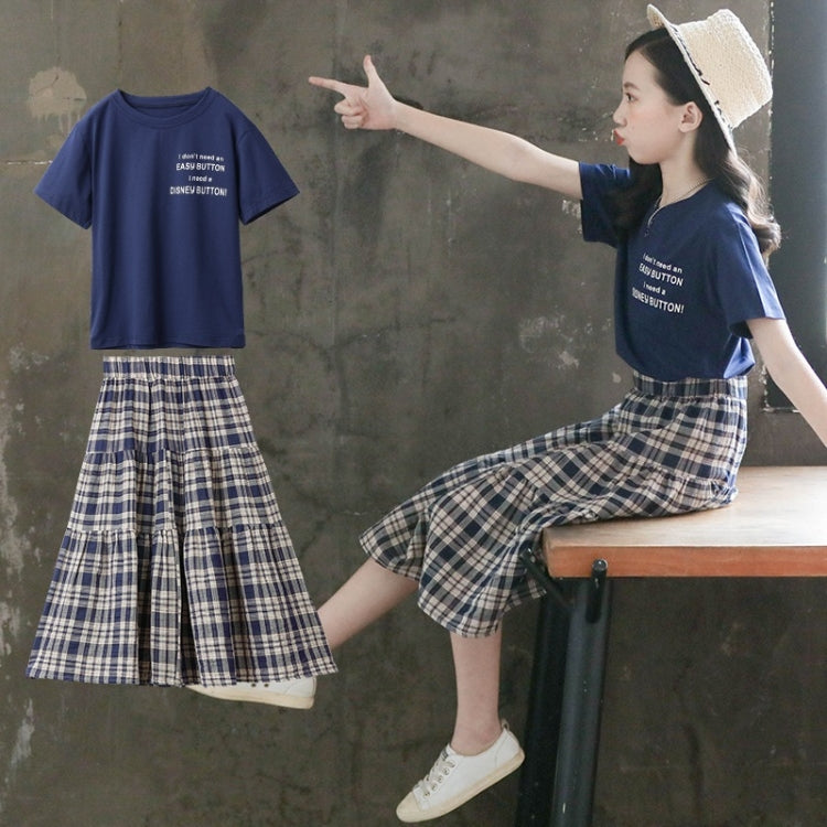 ชุดเด็กผู้หญิงแขนสั้น + กระโปรงลายสก๊อต 2 ชิ้น, 110, 120, 130, 140, 150, 160
