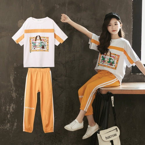 เสื้อแขนสั้นเด็กหญิง + กางเกงลำลองสองชิ้น, 160