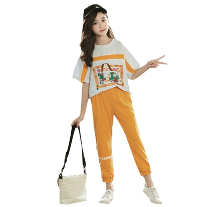 เสื้อแขนสั้นเด็กหญิง + กางเกงลำลองสองชิ้น, 160