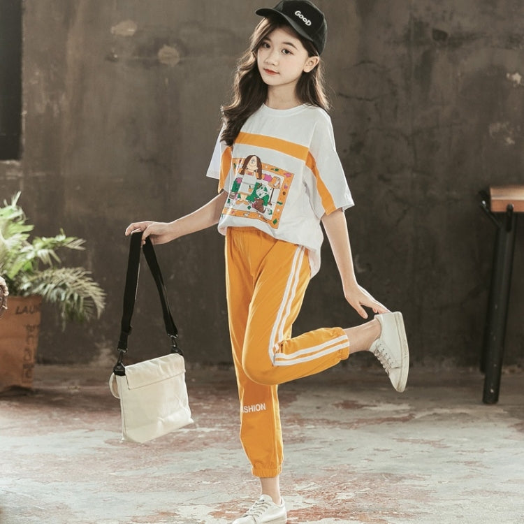 เสื้อแขนสั้นเด็กหญิง + กางเกงลำลองสองชิ้น, 160
