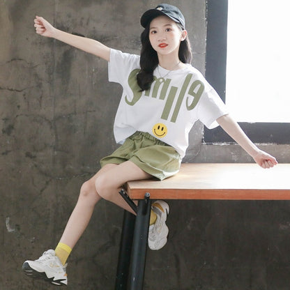 เสื้อแขนสั้นเด็กหญิง + กางเกงกลุ่มสองชิ้น, 110, 120, 130, 140, 150, 160