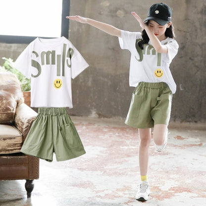 เสื้อแขนสั้นเด็กหญิง + กางเกงกลุ่มสองชิ้น, 110, 120, 130, 140, 150, 160