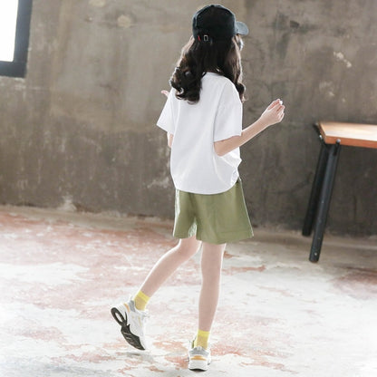 เสื้อแขนสั้นเด็กหญิง + กางเกงกลุ่มสองชิ้น, 110, 120, 130, 140, 150, 160