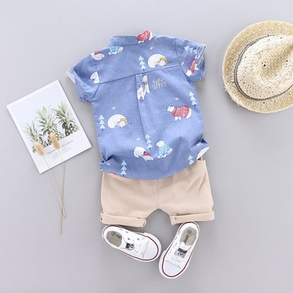 Summer Kids Leather Label Bear Shirt เสื้อเชิ้ตแขนสั้น 2 ชิ้น, 80, 90, 100, 110