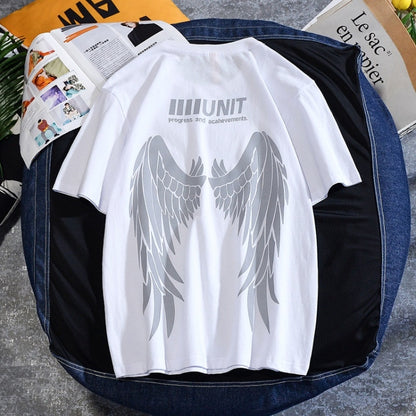 เสื้อยืดคอกลมแขนสั้นพิมพ์ลายปีกสะท้อนแสง, S, M, L, XL, XXL, XXXL