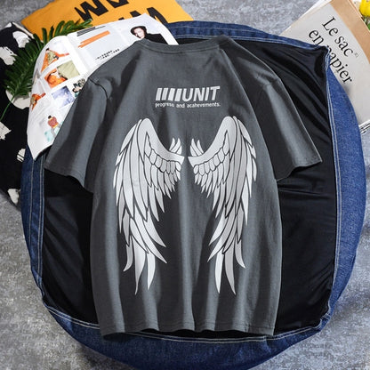 เสื้อยืดคอกลมแขนสั้นพิมพ์ลายปีกสะท้อนแสง, S, M, L, XL, XXL, XXXL