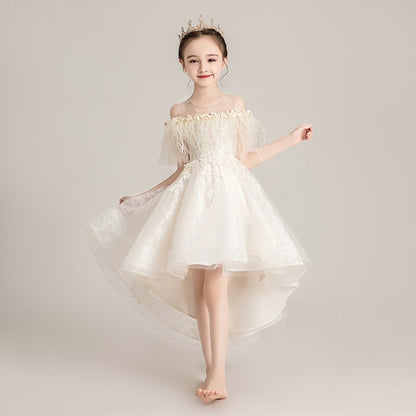 คอรอบเกาะอกหน้าสั้นหลังยาวลูกไม้ชุดเจ้าหญิง Pettiskirt ชุดทางการสำหรับเด็กผู้หญิง, 100cm, 110cm, 120cm, 130cm, 140cm, 150cm, 160cm
