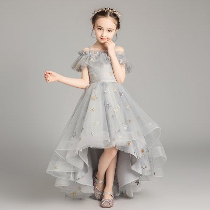 รูปแบบดาวห้าแฉกหน้าสั้นและหลังยาวชุดเจ้าหญิงลูกไม้ Pettiskirt ชุดทางการสำหรับเด็กผู้หญิง, 100cm, 110cm, 120cm, 130cm, 140cm, 150cm, 160cm