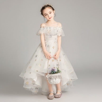 รูปแบบดาวห้าแฉกหน้าสั้นและหลังยาวชุดเจ้าหญิงลูกไม้ Pettiskirt ชุดทางการสำหรับเด็กผู้หญิง, 100cm, 110cm, 120cm, 130cm, 140cm, 150cm, 160cm