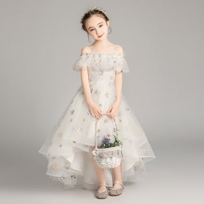 รูปแบบดาวห้าแฉกหน้าสั้นและหลังยาวชุดเจ้าหญิงลูกไม้ Pettiskirt ชุดทางการสำหรับเด็กผู้หญิง, 100cm, 110cm, 120cm, 130cm, 140cm, 150cm, 160cm